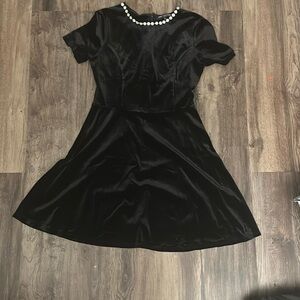 Black A-line Velour dress with floral studded neckline